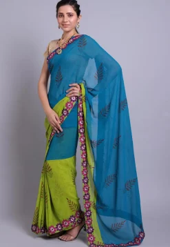 Hand Block Printed Georgette Saree in Teal Blue and Green