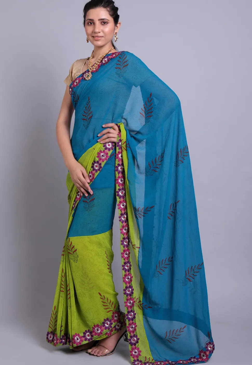 Hand Block Printed Georgette Saree in Teal Blue and Green