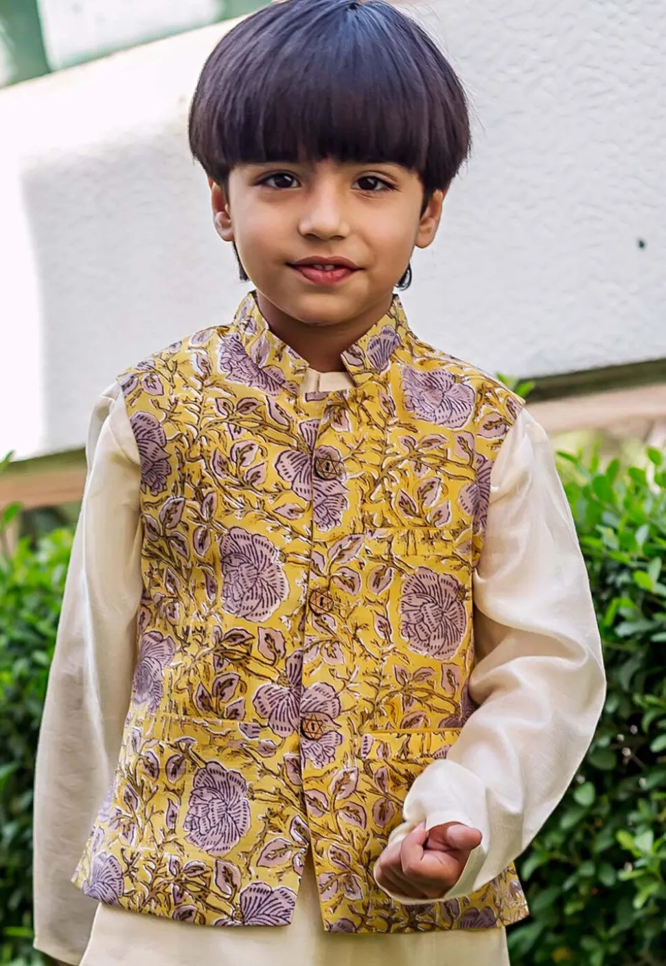 Hand Block Printed Pure Chanderi Silk Nehru Jacket in Yellow