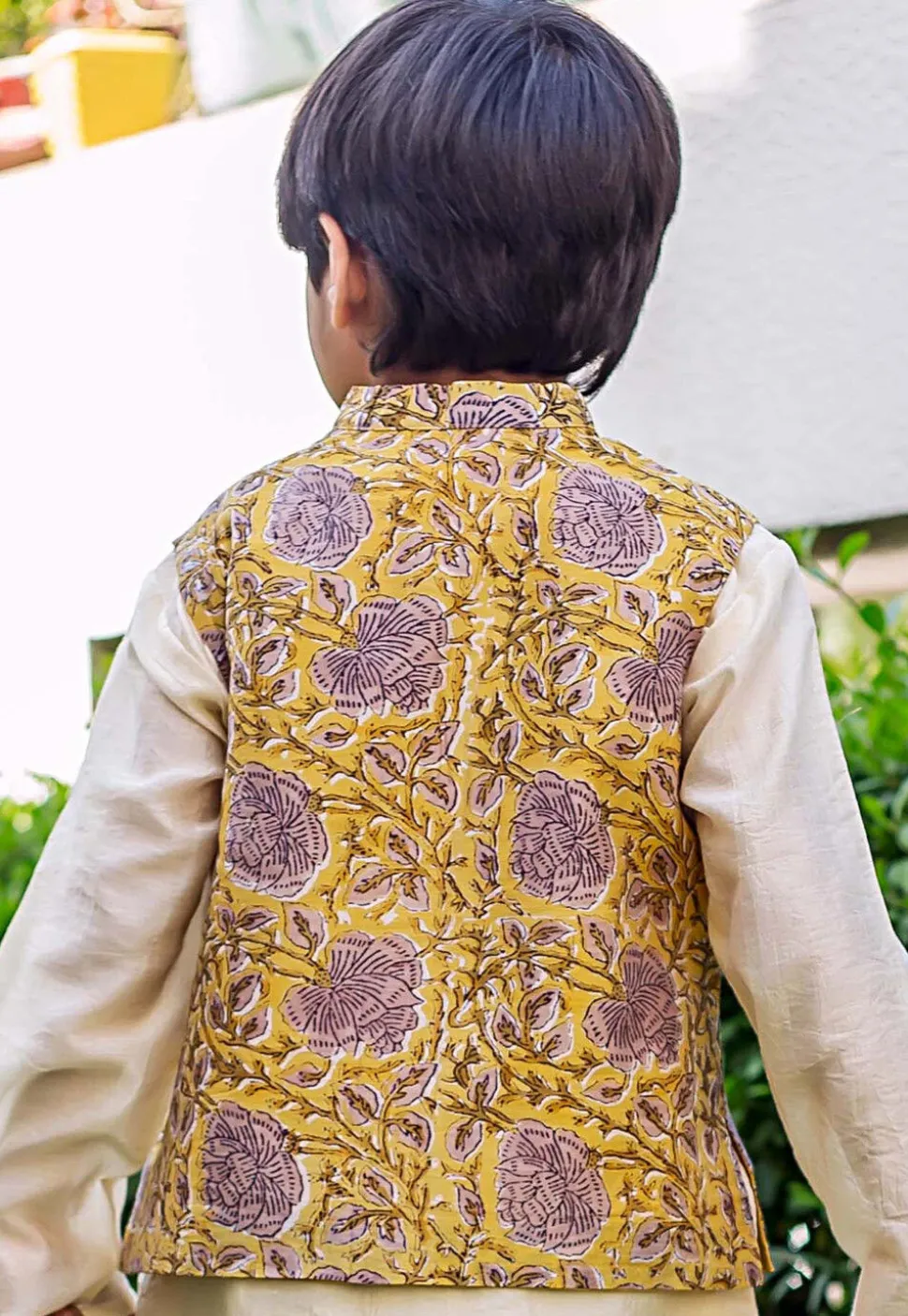 Hand Block Printed Pure Chanderi Silk Nehru Jacket in Yellow