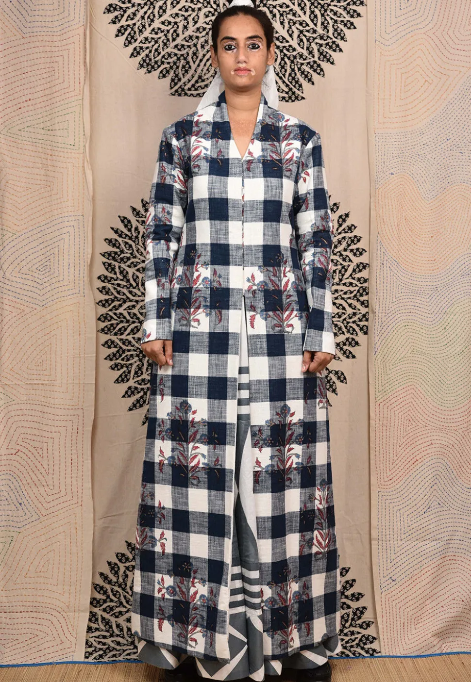 Hand Block Printed Pure Cotton Maxi Dress in Grey and White