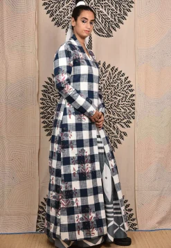 Hand Block Printed Pure Cotton Maxi Dress in Grey and White