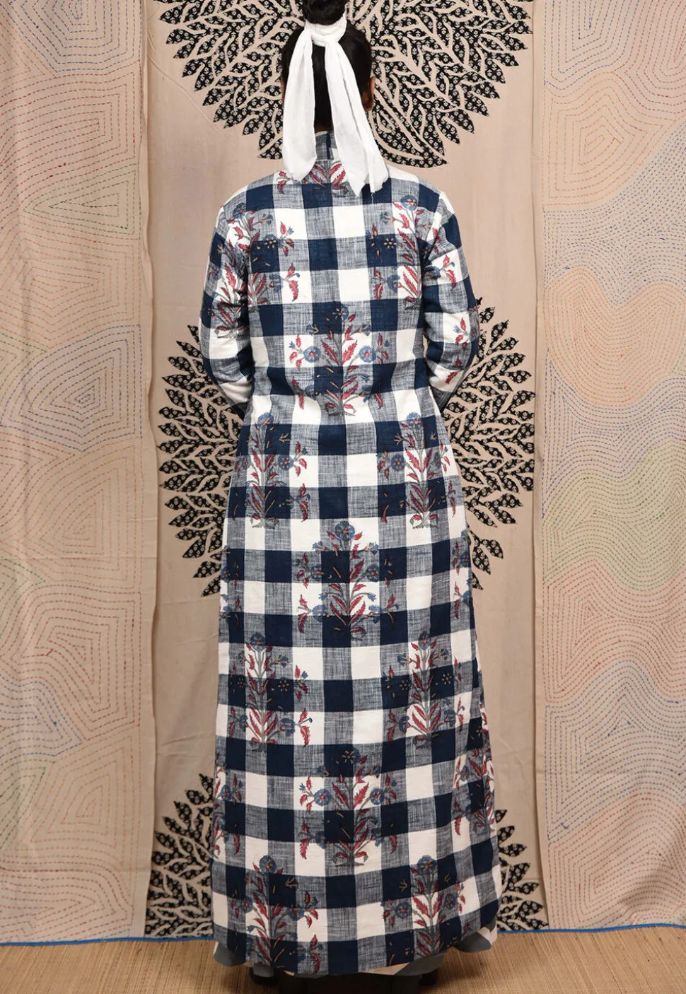 Hand Block Printed Pure Cotton Maxi Dress in Grey and White