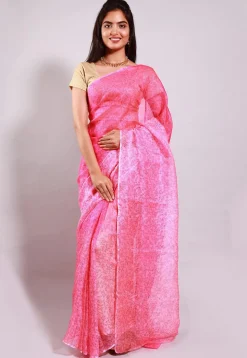 Hand Block Printed Pure Kota Silk Saree in Pink Ombre