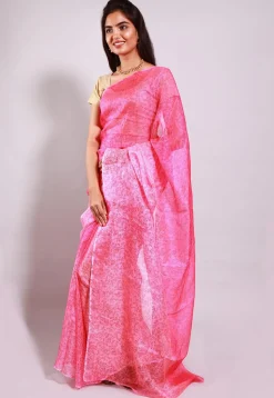 Hand Block Printed Pure Kota Silk Saree in Pink Ombre