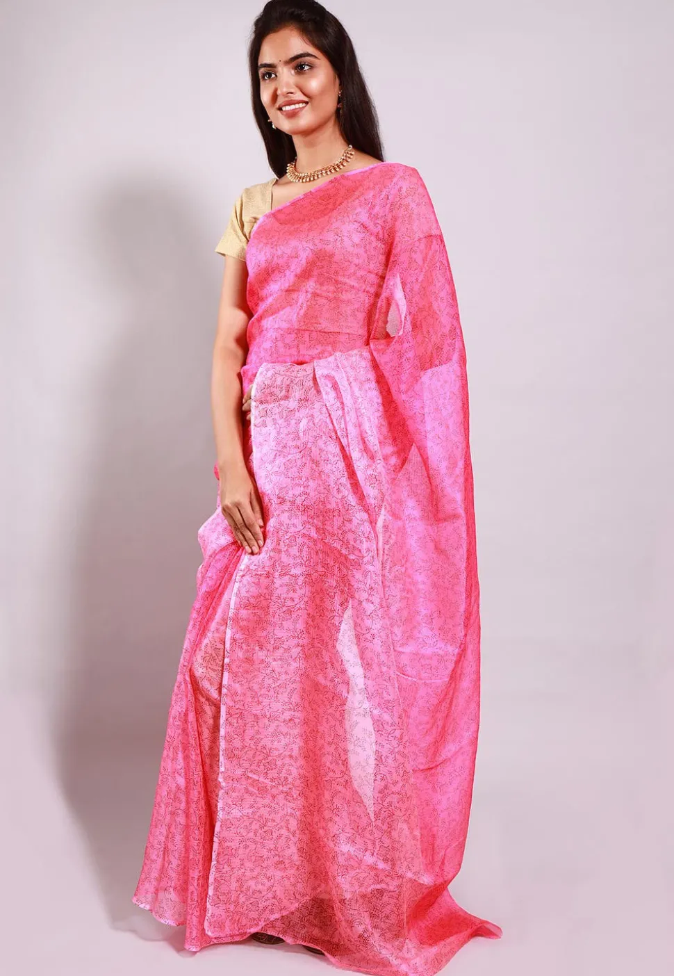 Hand Block Printed Pure Kota Silk Saree in Pink Ombre