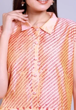 Hand Block Printed Taffeta Silk Gown in Peach