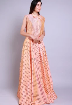 Hand Block Printed Taffeta Silk Gown in Peach