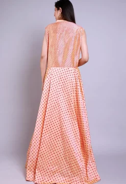 Hand Block Printed Taffeta Silk Gown in Peach