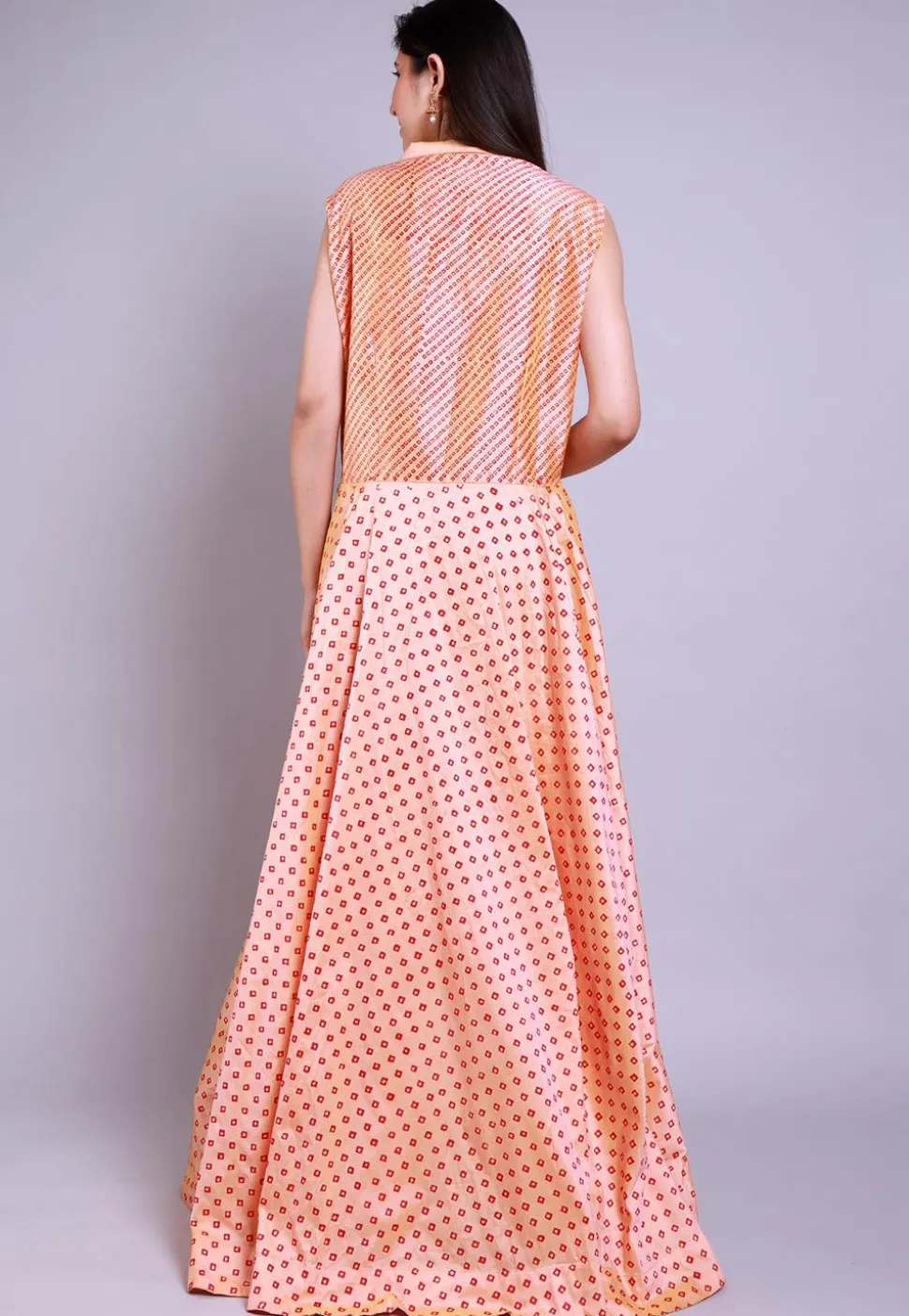 Hand Block Printed Taffeta Silk Gown in Peach