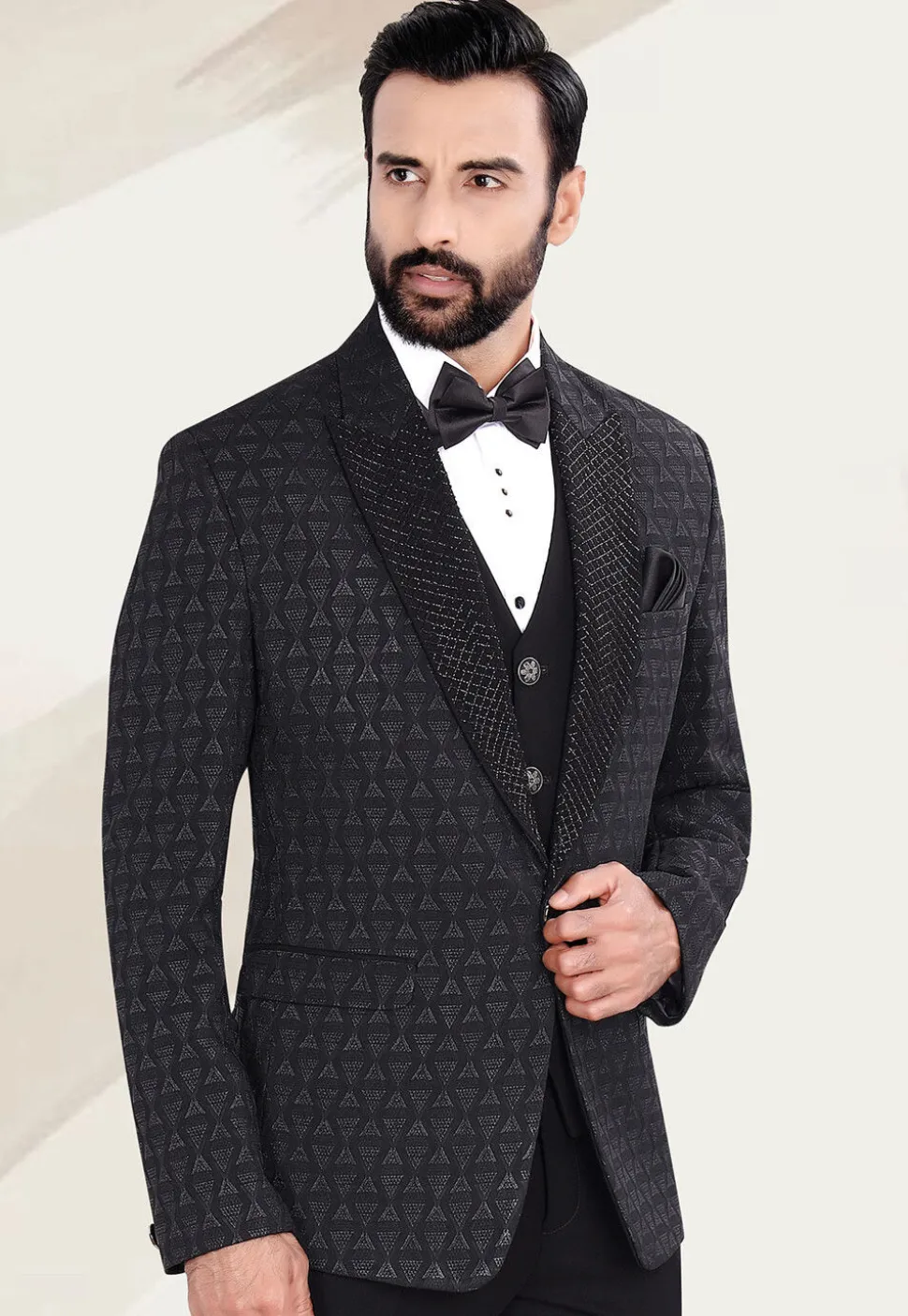 Hand Embellished Terry Rayon Jacquard Blazer in Black