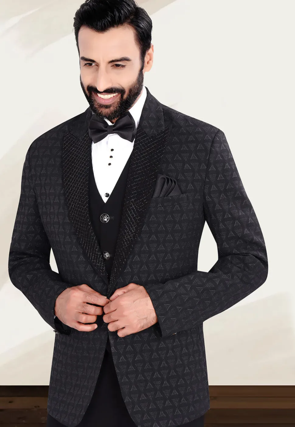 Hand Embellished Terry Rayon Jacquard Blazer in Black