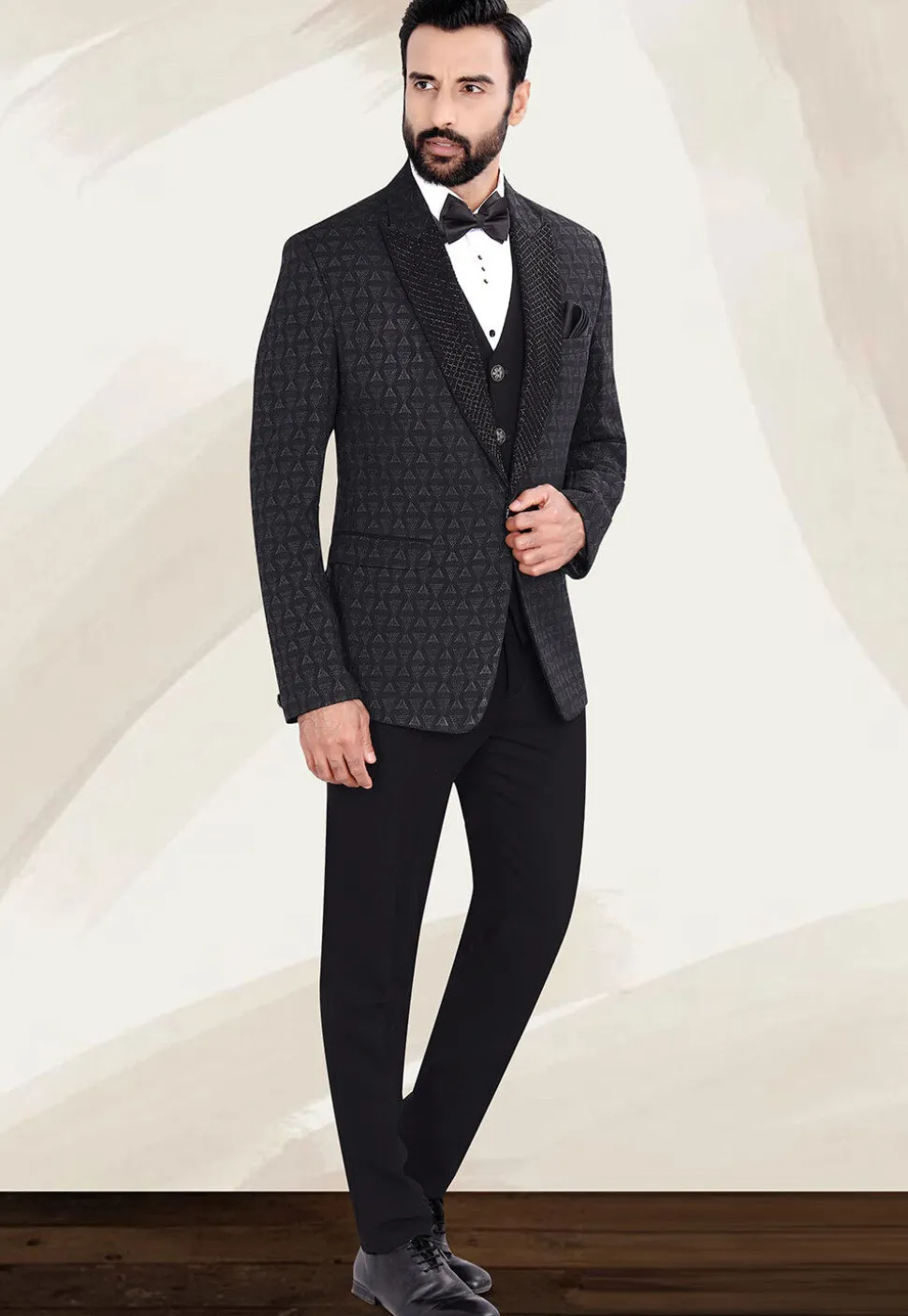 Hand Embellished Terry Rayon Jacquard Blazer in Black
