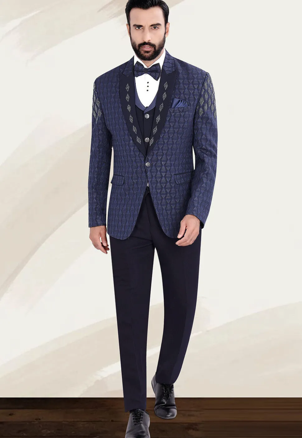 Hand Embellished Terry Rayon Jacquard Suit Set in Navy Blue