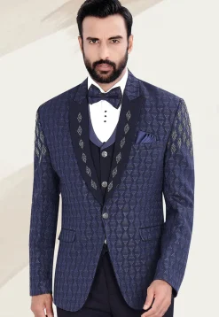Hand Embellished Terry Rayon Jacquard Blazer in Navy Blue