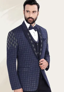 Hand Embellished Terry Rayon Jacquard Blazer in Navy Blue
