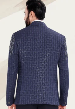 Hand Embellished Terry Rayon Jacquard Blazer in Navy Blue