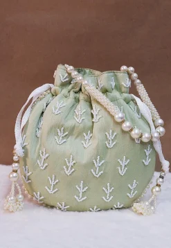 Hand Embroidered Art Silk Potli Bag in Pastel Green