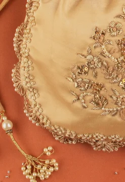 Hand Embroidered Art Silk Potli Bag in Beige