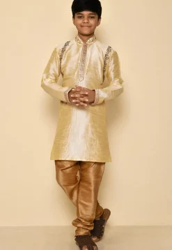 Hand Embroidered Art Silk Kurta in Light Beige
