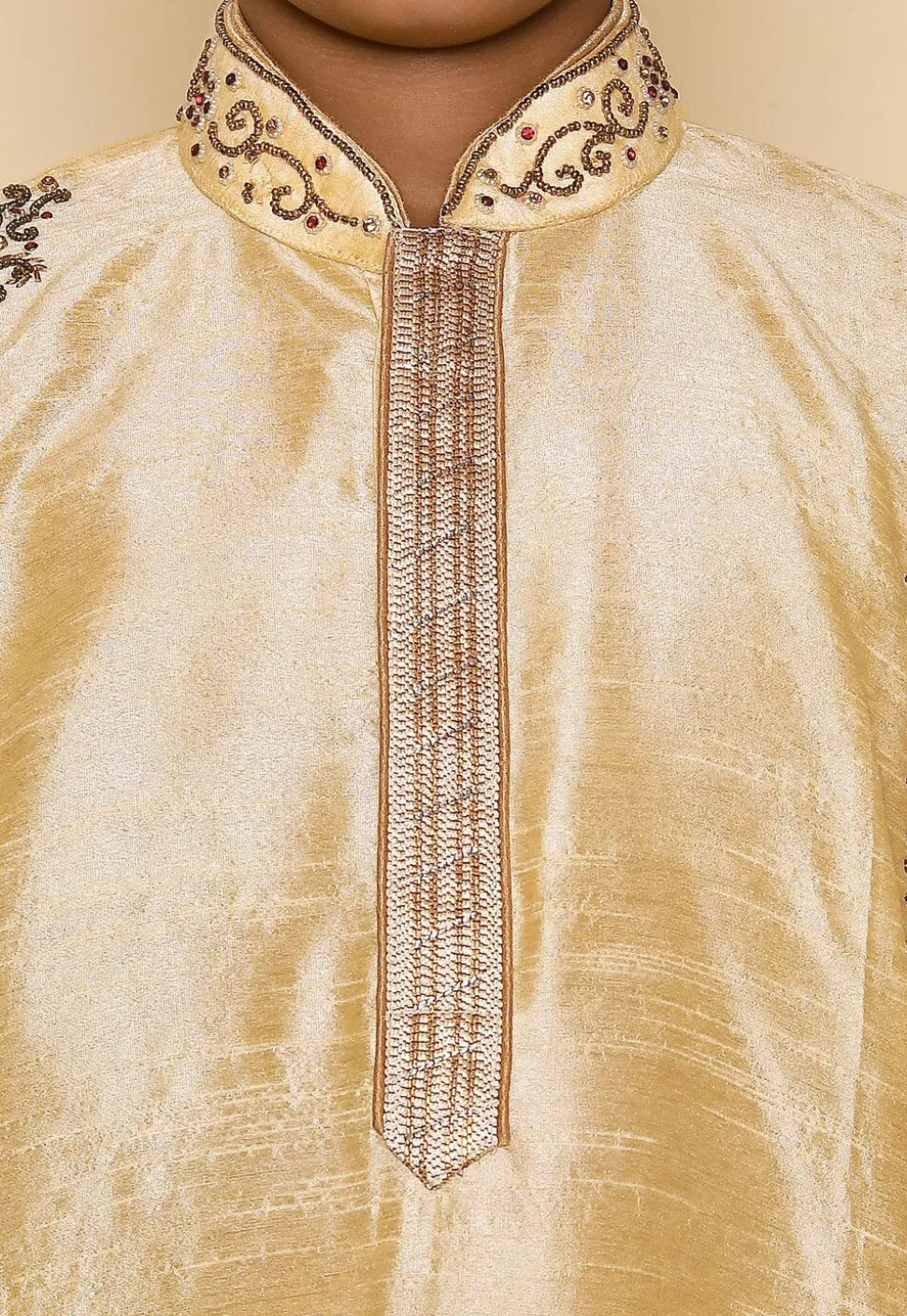 Hand Embroidered Art Silk Kurta in Light Beige