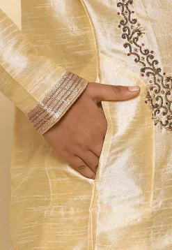 Hand Embroidered Art Silk Kurta in Light Beige