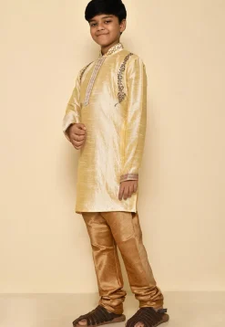 Hand Embroidered Art Silk Kurta in Light Beige
