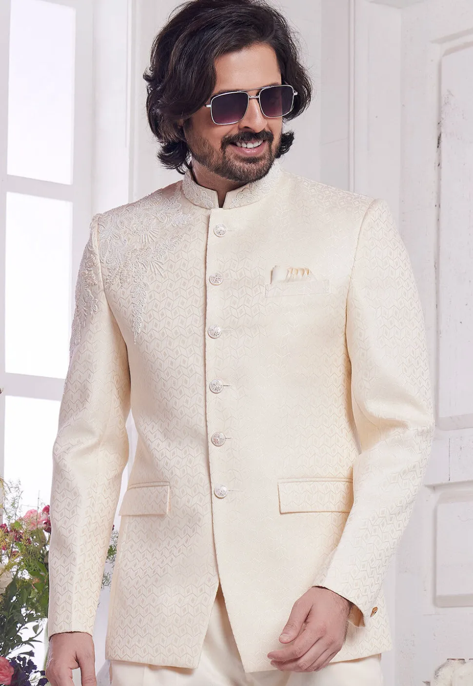 Hand Embroidered Art Silk Jacquard Jodhpuri Suit in Cream