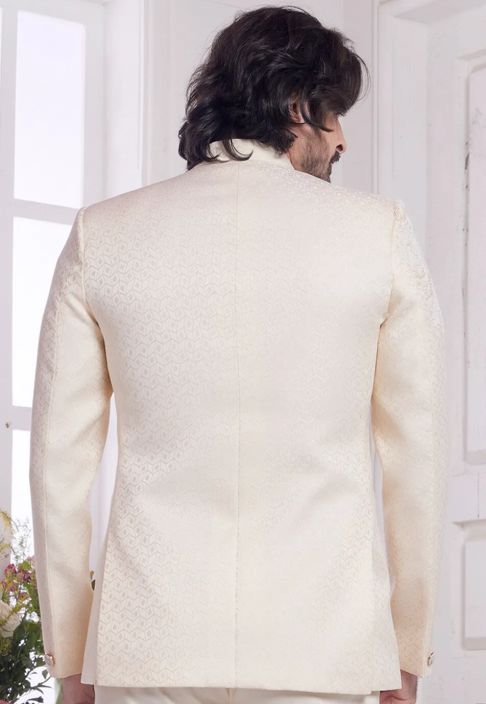 Hand Embroidered Art Silk Jacquard Jodhpuri Suit in Cream
