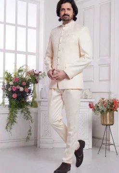 Hand Embroidered Art Silk Jacquard Jodhpuri Suit in Cream