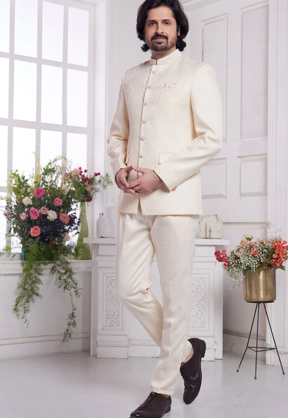 Hand Embroidered Art Silk Jacquard Jodhpuri Suit in Cream