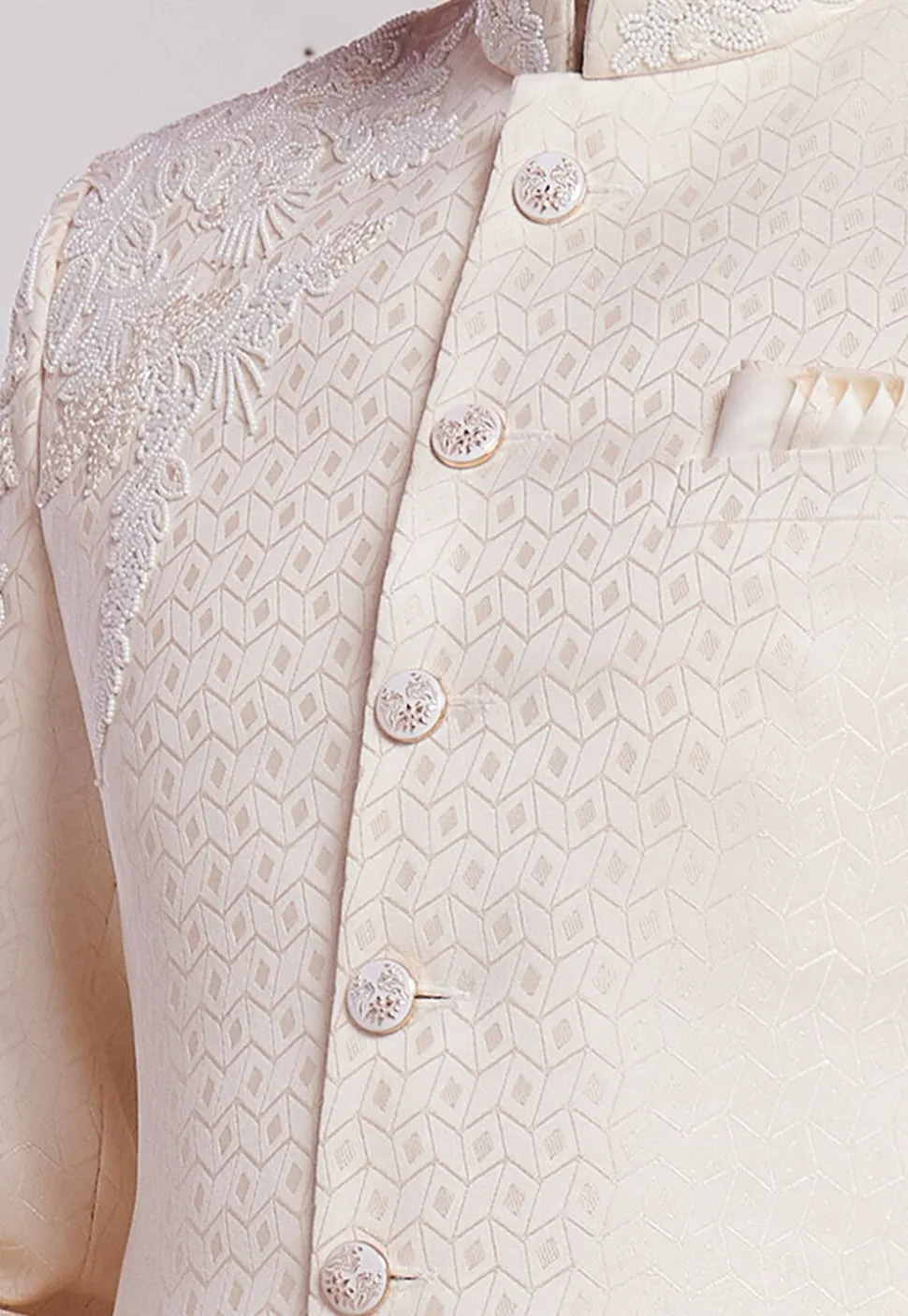 Hand Embroidered Art Silk Jacquard Jodhpuri Suit in Cream
