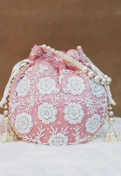 Hand Embroidered Art Silk Potli Bag in Pink