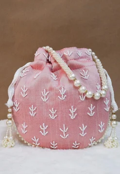 Hand Embroidered Art Silk Potli Bag in Pink