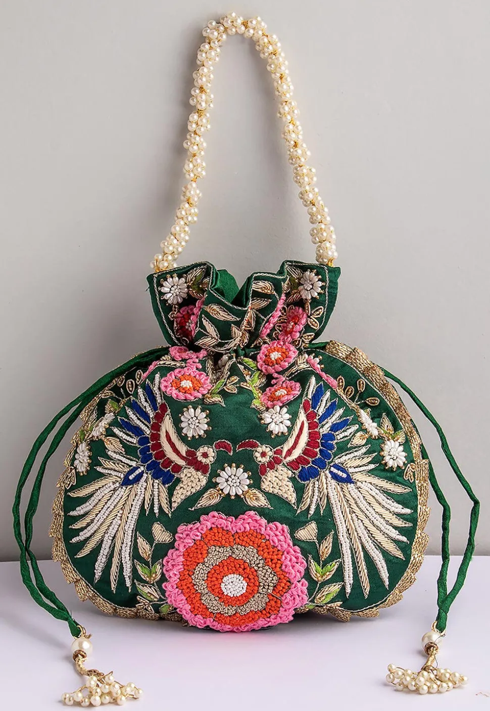 Hand Embroidered Art Silk Potli Bag in Dark Green