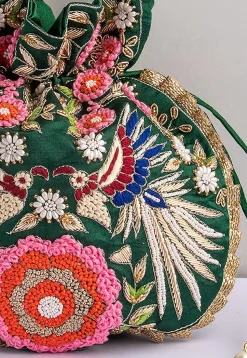 Hand Embroidered Art Silk Potli Bag in Dark Green