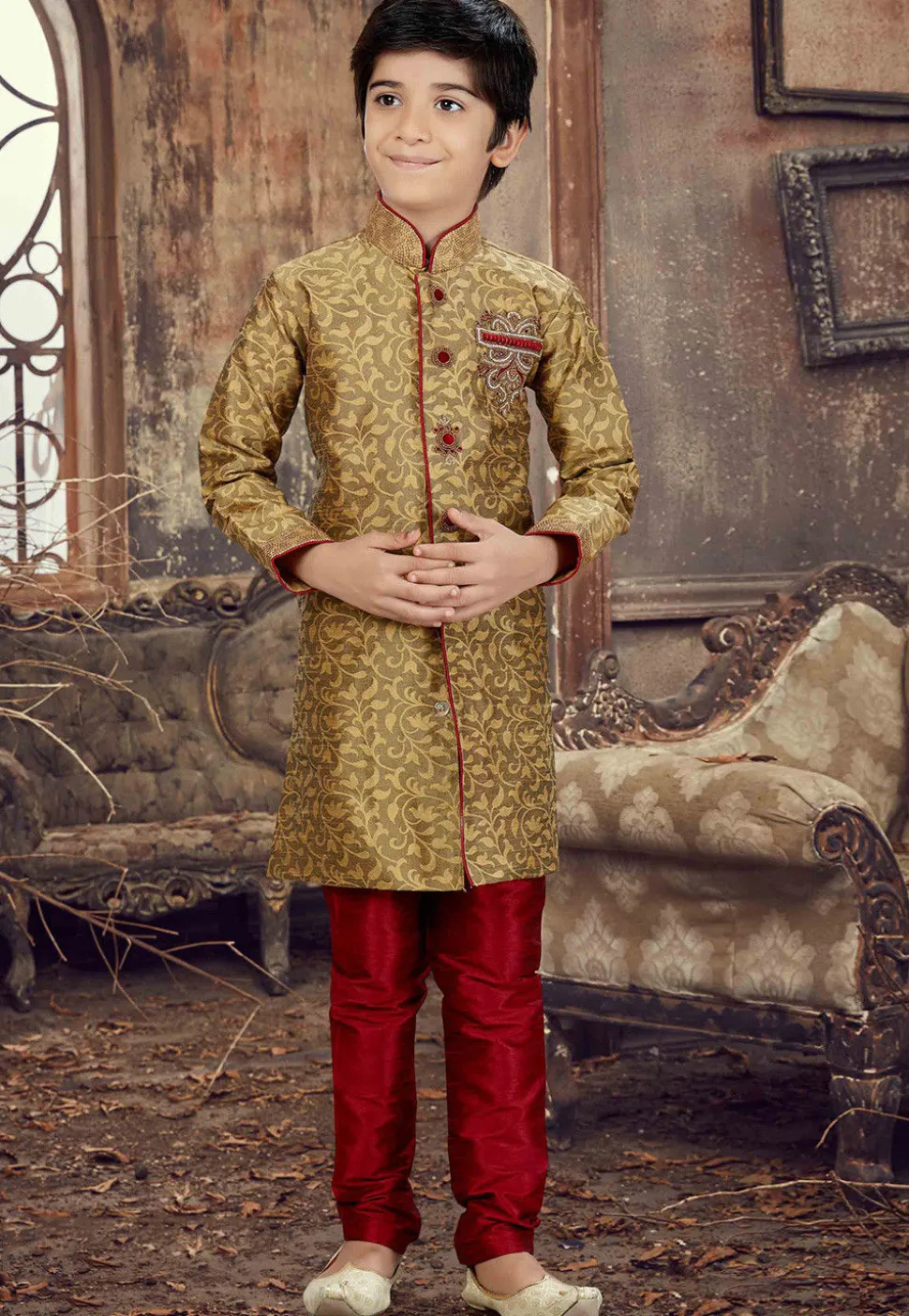 Hand Embroidered Art Silk Jacquard Sherwani in Olive Green