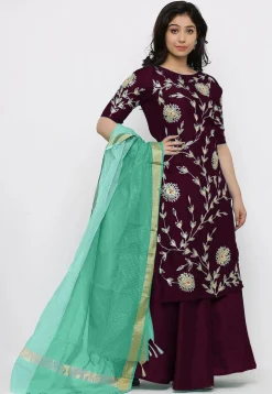 Hand Embroidered Art Silk Lehenga in Wine