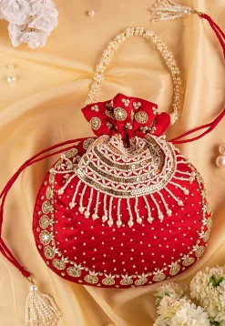 Hand Embroidered Art Silk Potli Bag in Red
