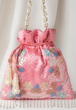 Hand Embroidered Art Silk Potli Bag in Pink