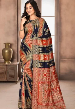 Hand Embroidered Art Silk Saree in Navy Blue