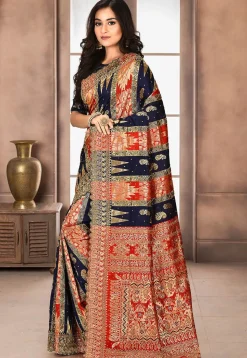 Hand Embroidered Art Silk Saree in Navy Blue