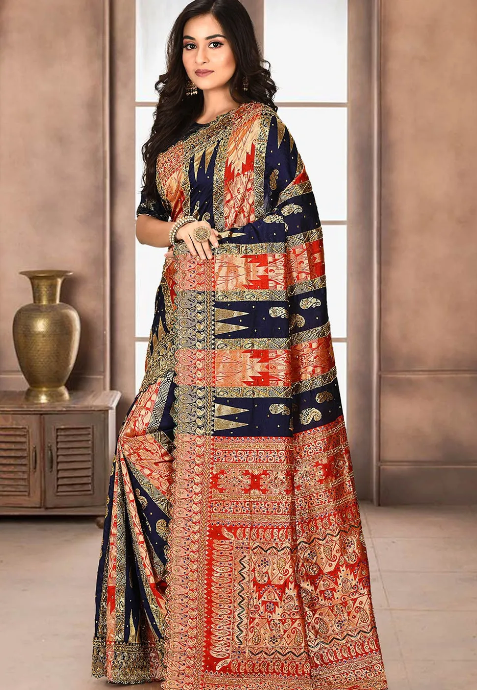 Hand Embroidered Art Silk Saree in Navy Blue