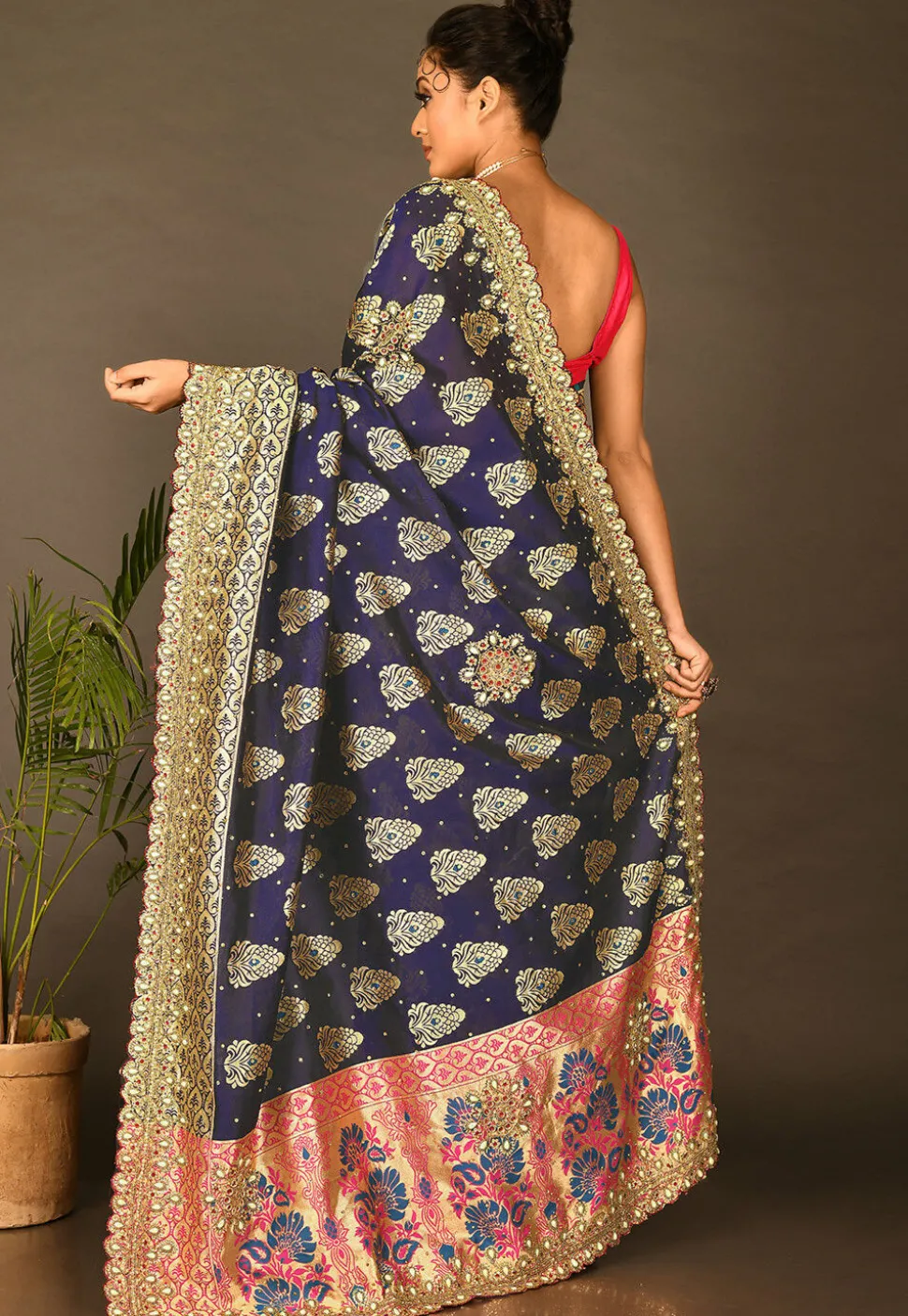 Hand Embroidered Art Silk Saree in Navy Blue