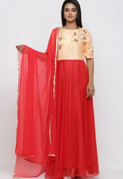 Hand Embroidered Art Silk Abaya Style Suit in Red and Peach