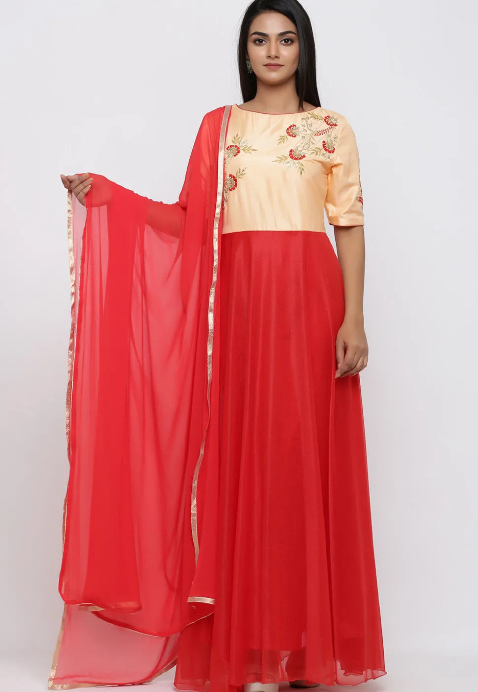 Hand Embroidered Art Silk Abaya Style Suit in Red and Peach