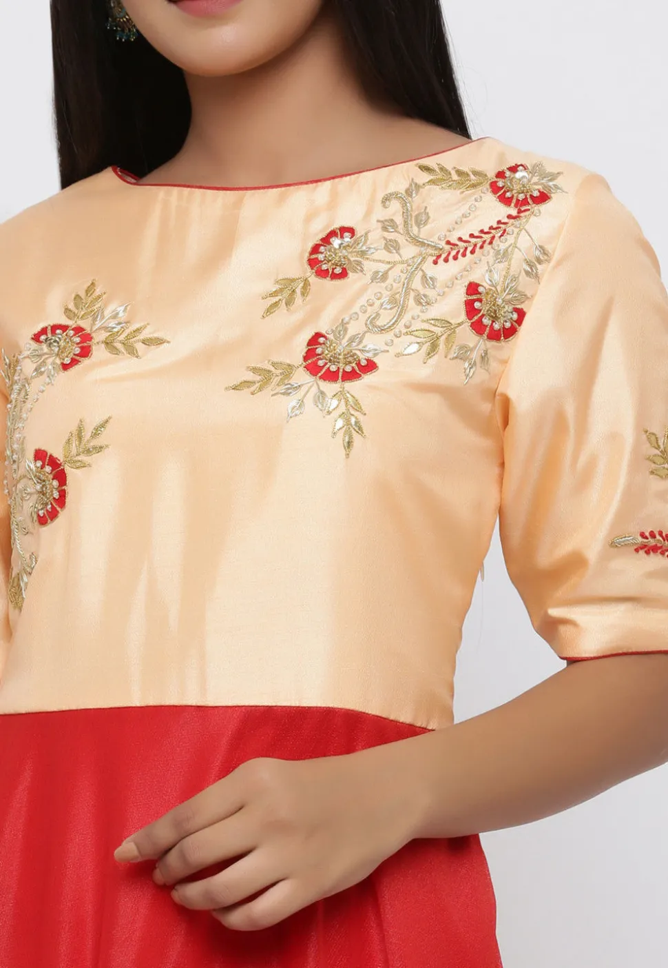 Hand Embroidered Art Silk Abaya Style Suit in Red and Peach