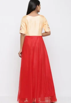 Hand Embroidered Art Silk Abaya Style Suit in Red and Peach