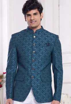 Hand Embroidered Art Silk Jacquard Jodhpuri Jacket in Teal Blue