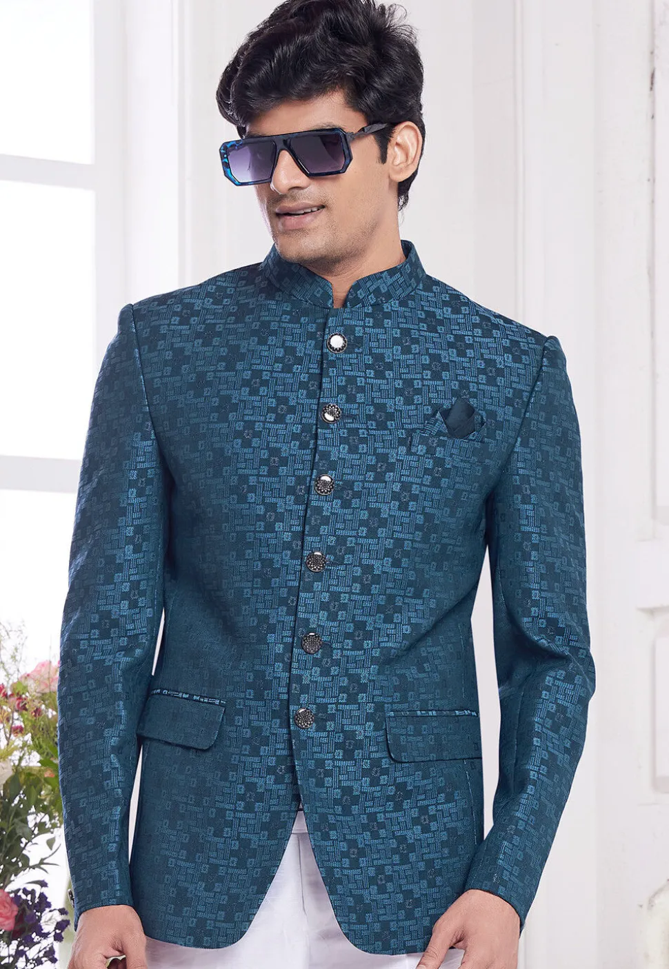 Hand Embroidered Art Silk Jacquard Jodhpuri Jacket in Teal Blue